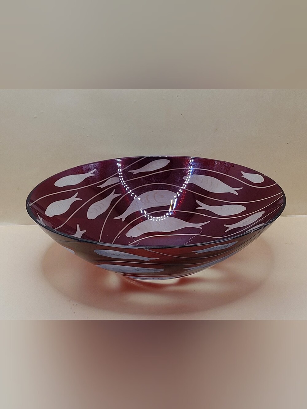 Vintage Frosted Red Art Glass Bowl School of Swimming Fish Centerpiece 9" MCM
